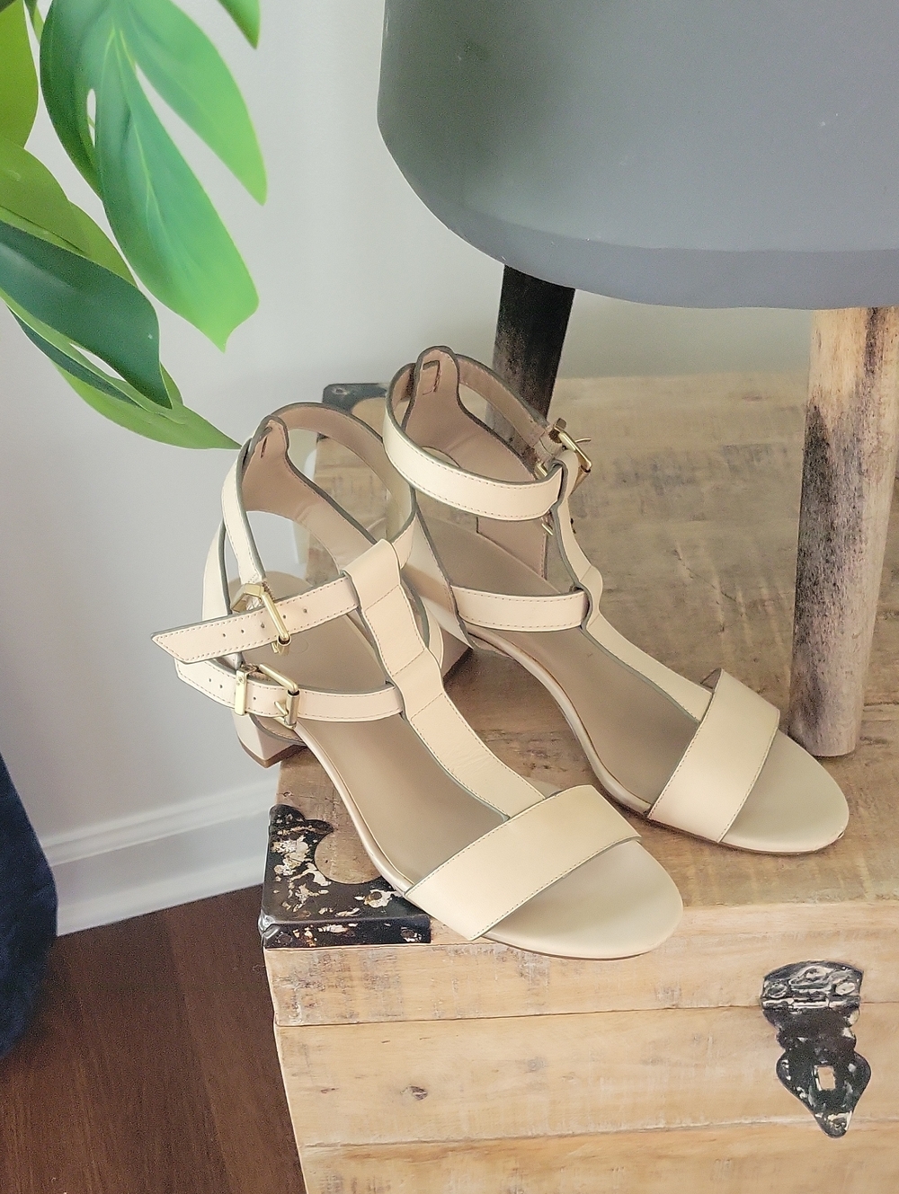 LOGO by Lori Goldstein Cream Strappy Block Heel Sandals
